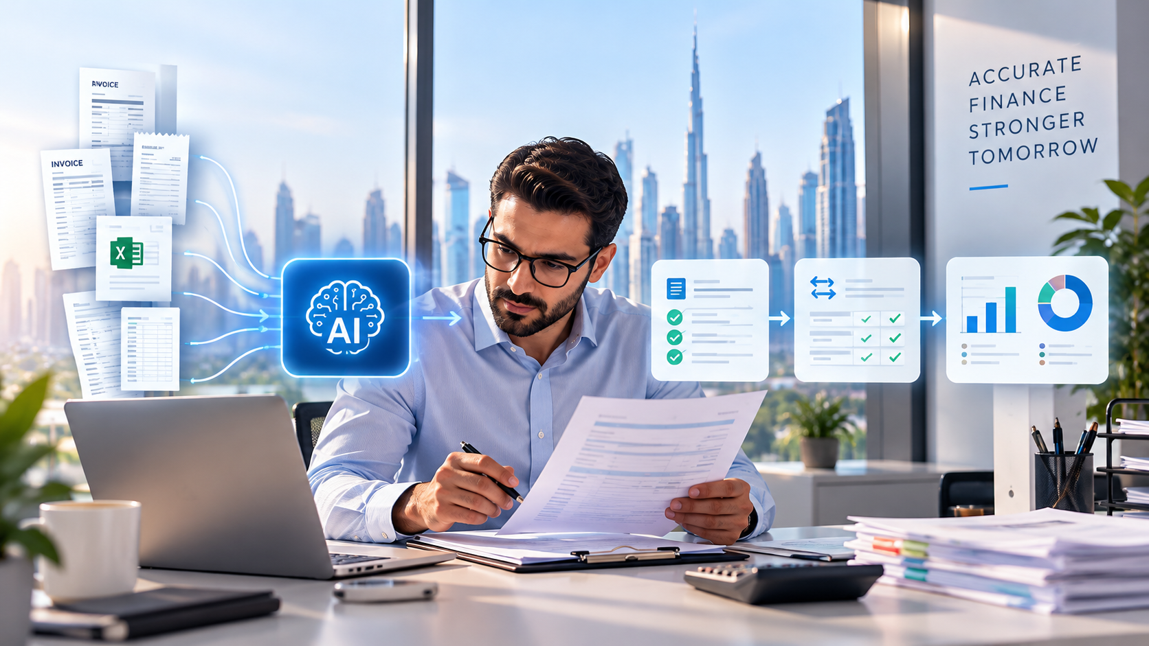Illustrative Finance workflow showing approved inputs, AI preparation, and human review.