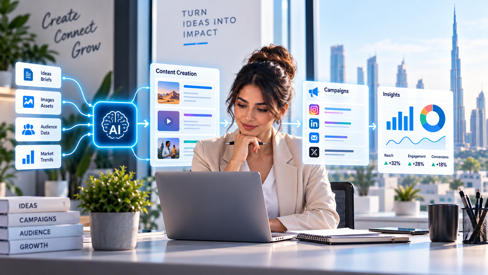 Illustrative Marketing workflow showing approved inputs, AI preparation, and human review.