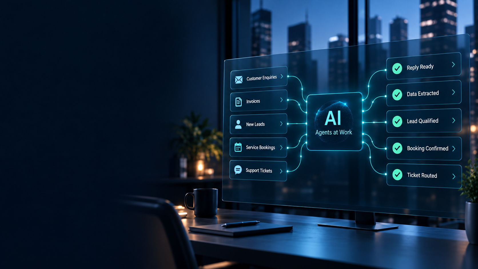 Illustrative AI dashboard connecting customer enquiries, invoices, leads, bookings, and support tickets to automated workflows