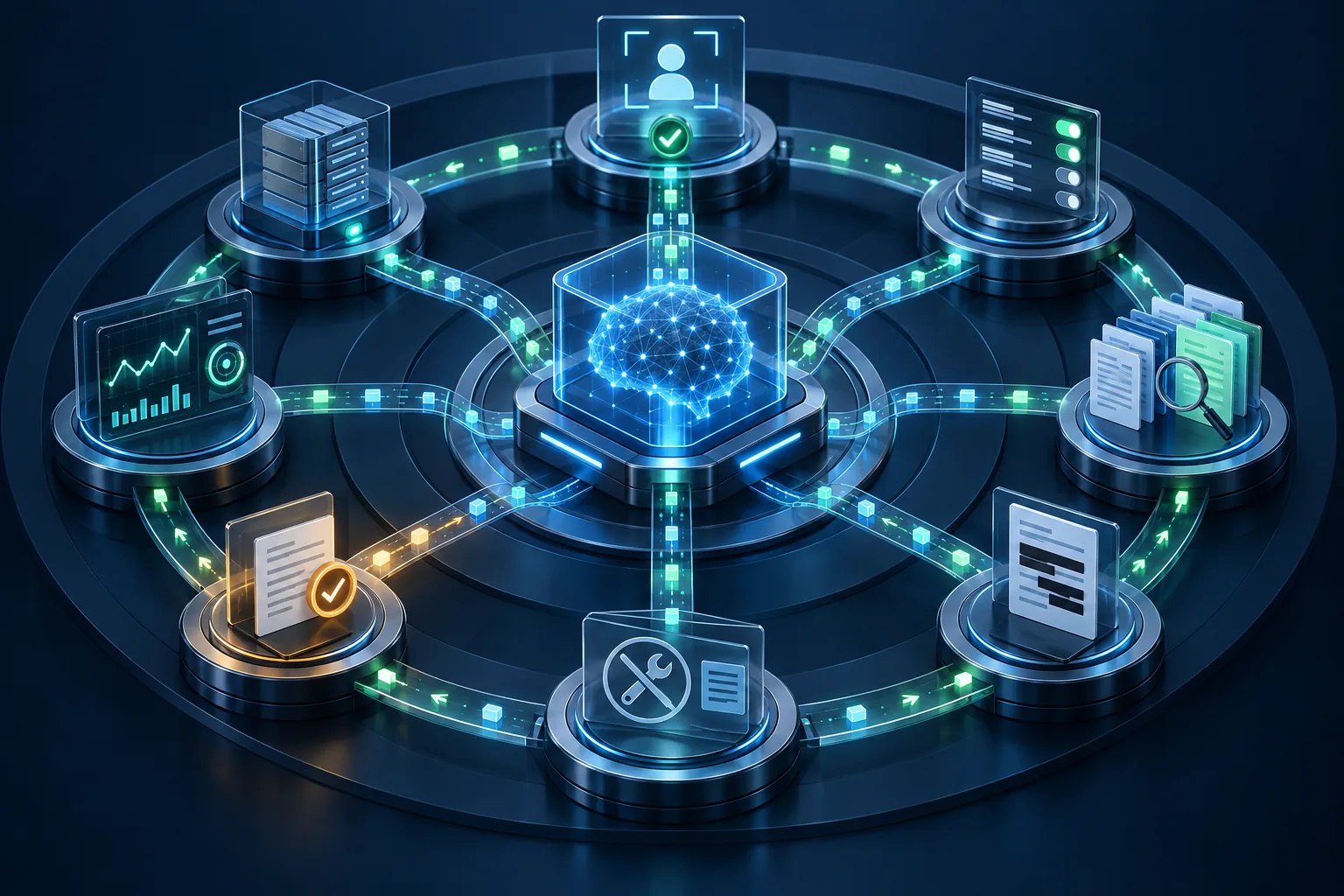 A governed AI system surrounded by identity, permission, retrieval, approval, and monitoring controls.