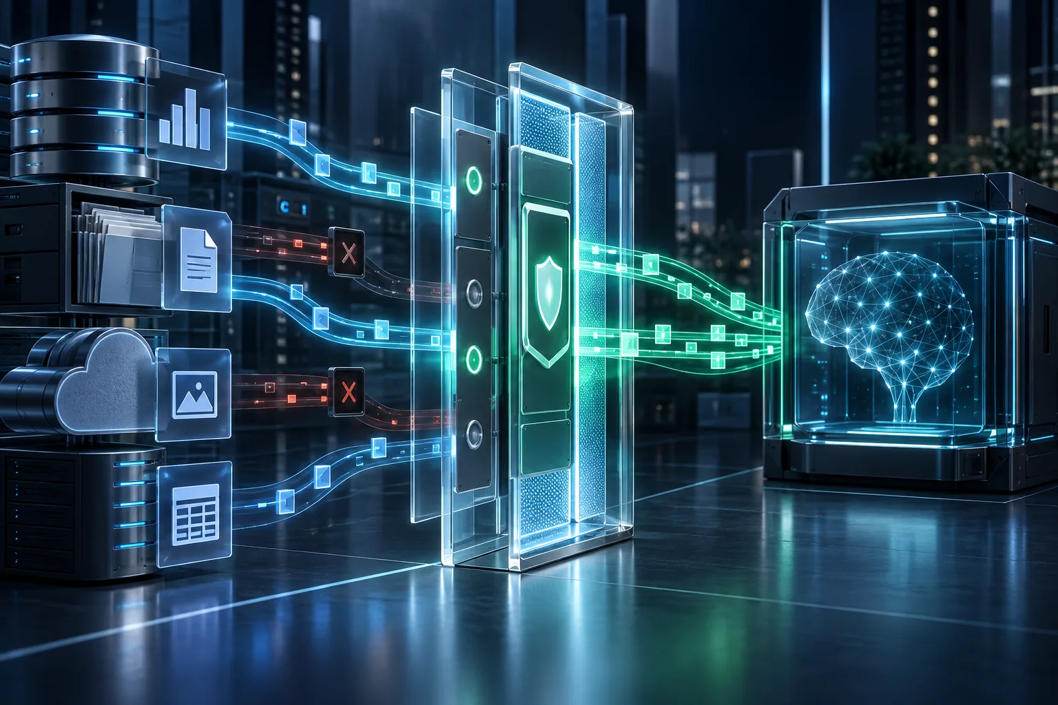 A secure permission gateway allows selected business data to reach an AI system while restricted information remains blocked.