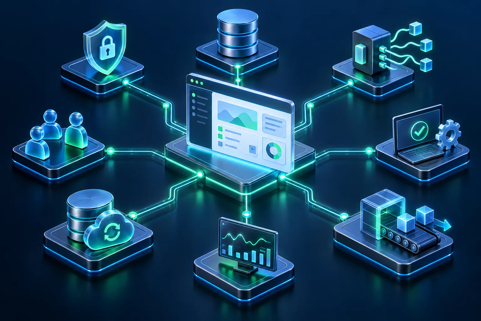 A production application connected to users, security, shared data, integrations, testing, monitoring, backup, and deployment services.