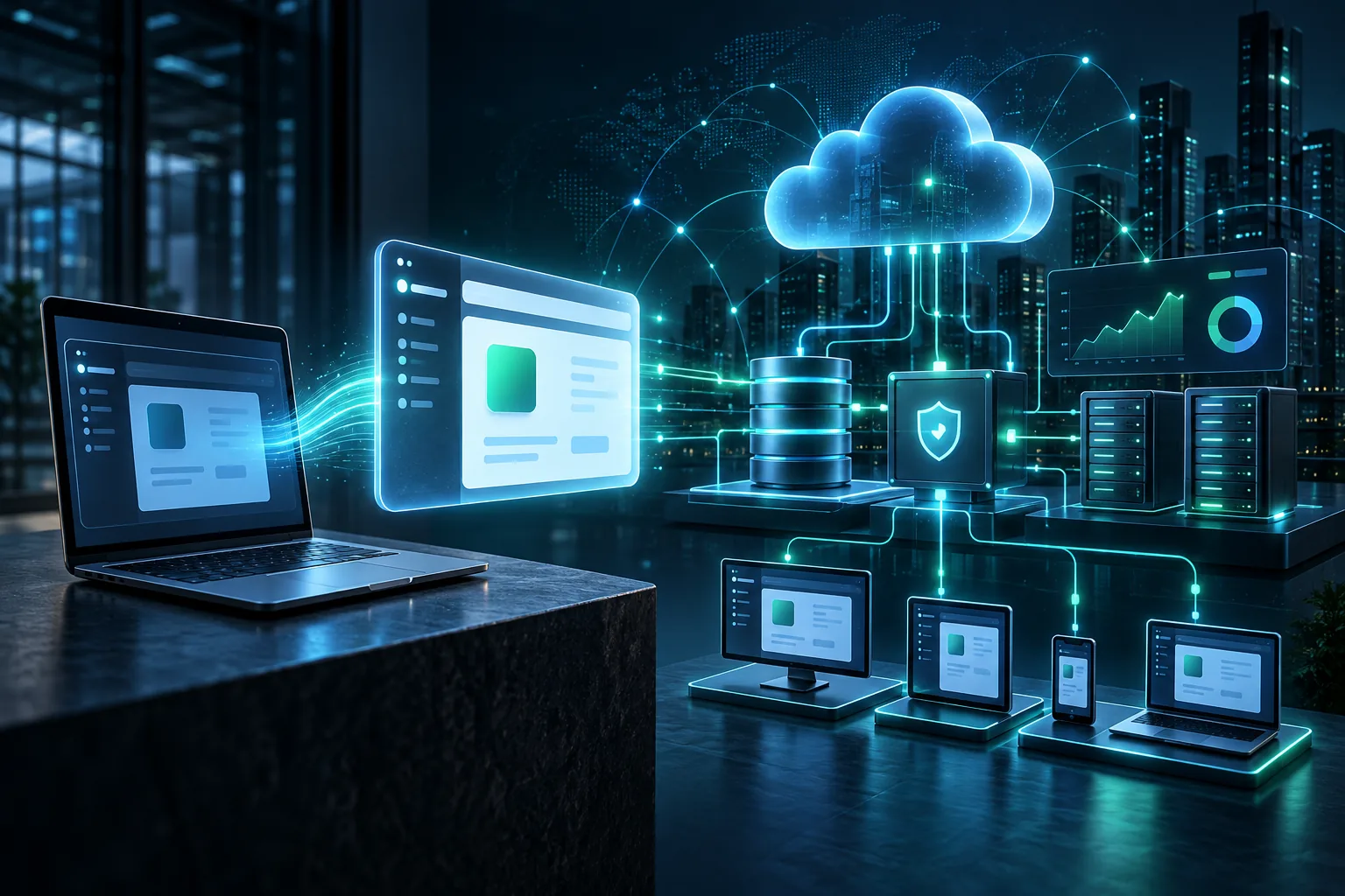 A local AI application expands from a laptop into shared cloud infrastructure, secure data services, monitoring, and multiple user devices.