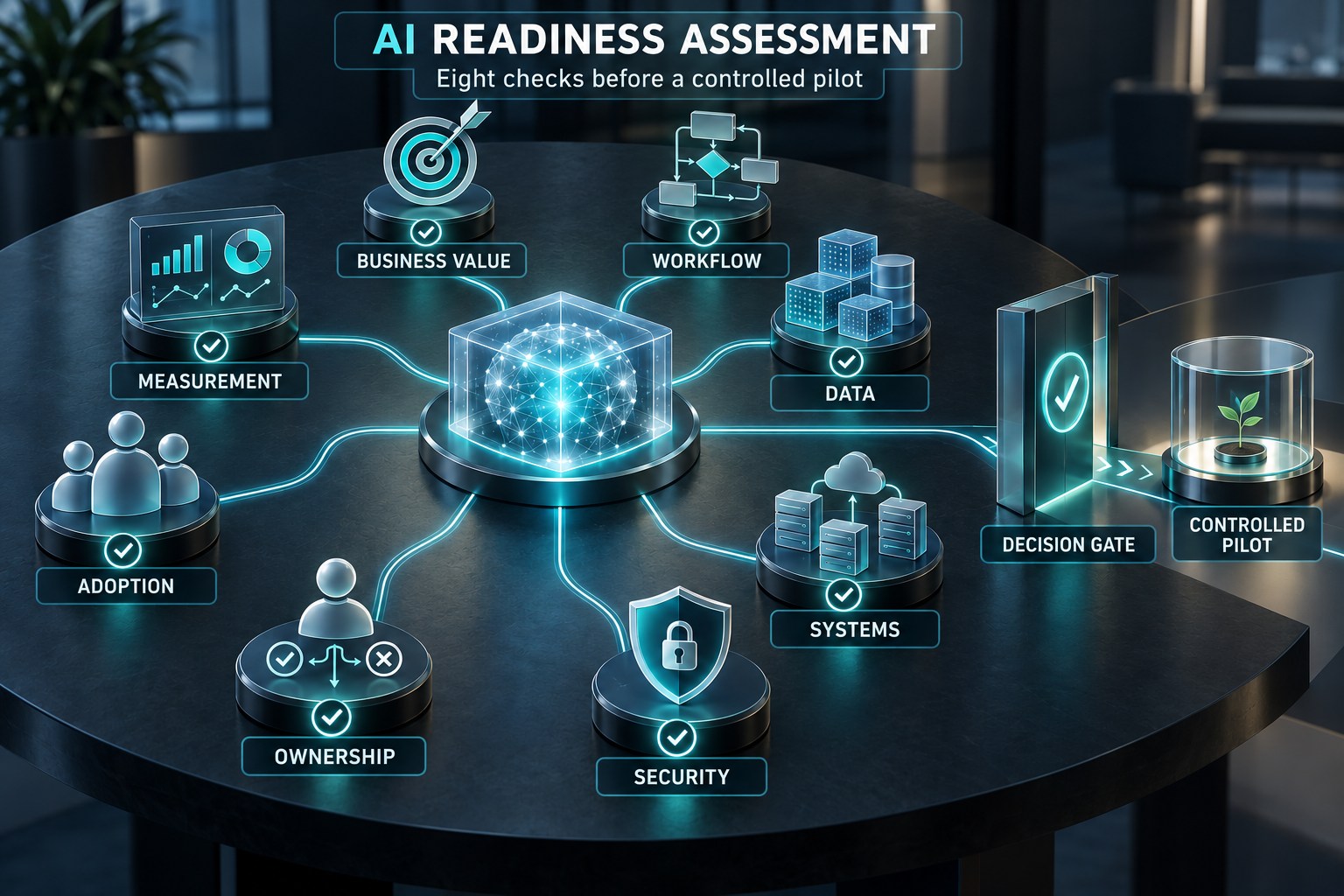 Eight-part AI readiness assessment covering business value, workflow, data, systems, security, ownership, adoption, and measurement.