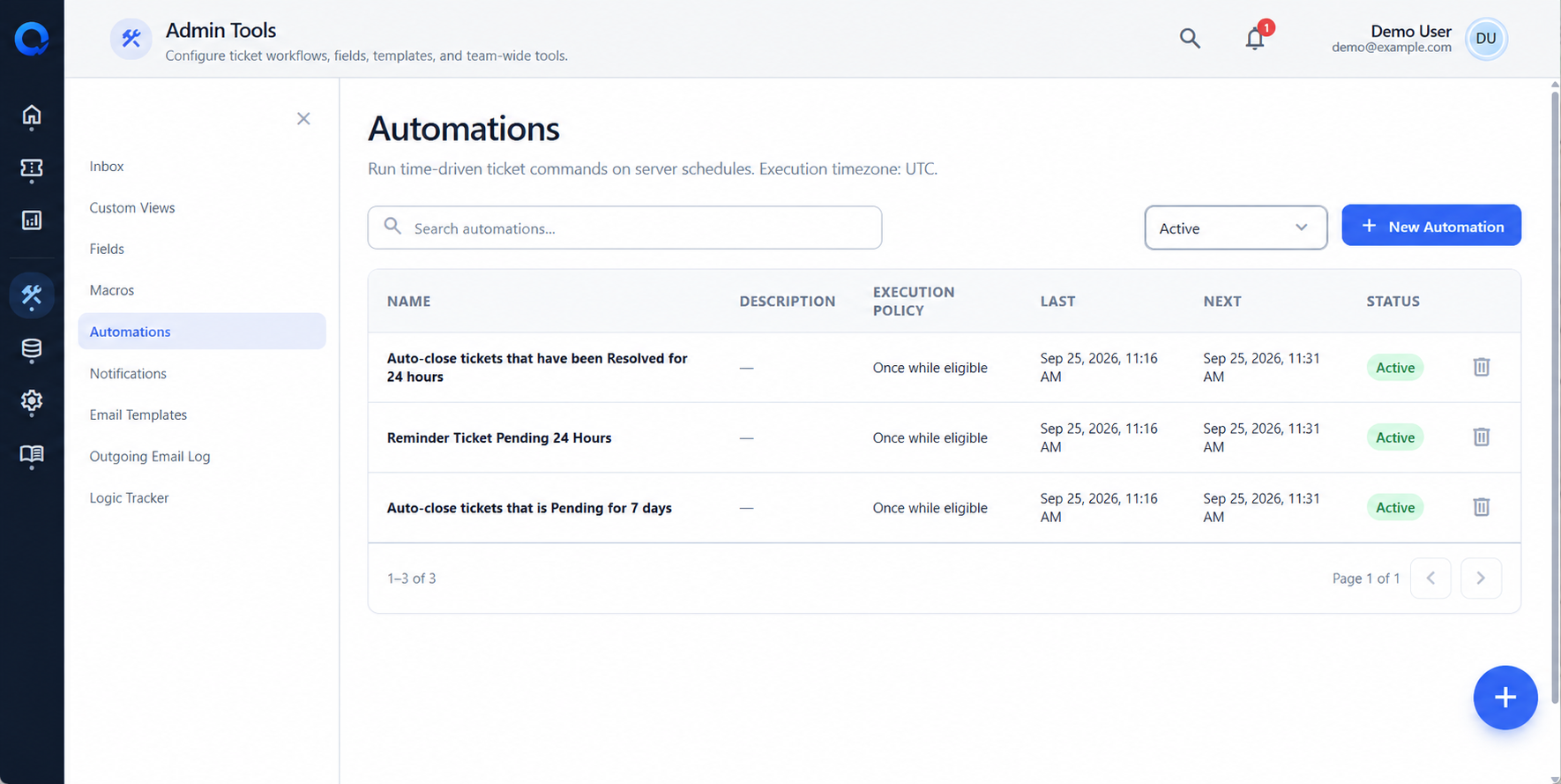 OmniTicket automation view showing scheduled ticket rules and their execution status