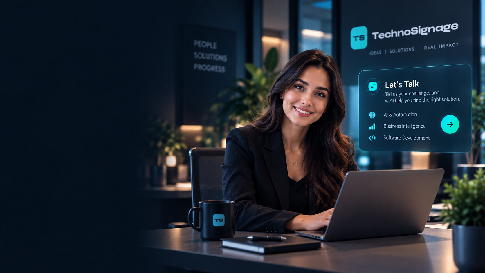 Illustration of a consultant at a laptop in a modern TechnoSignage workspace