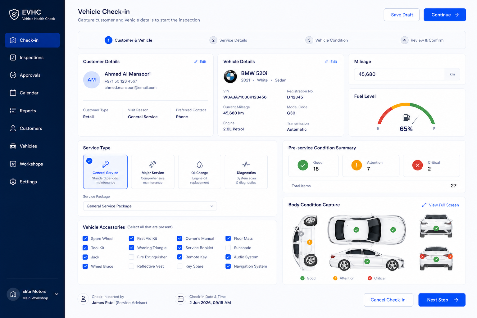 EVHCConnect check-in workflow screen