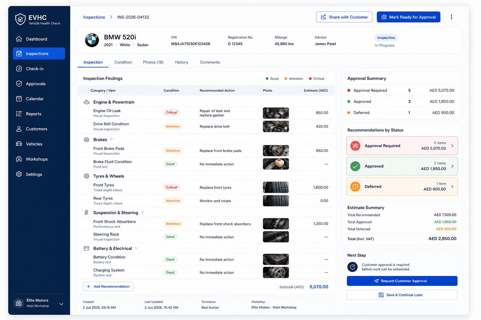 EVHCConnect customer approval and inspection evidence view