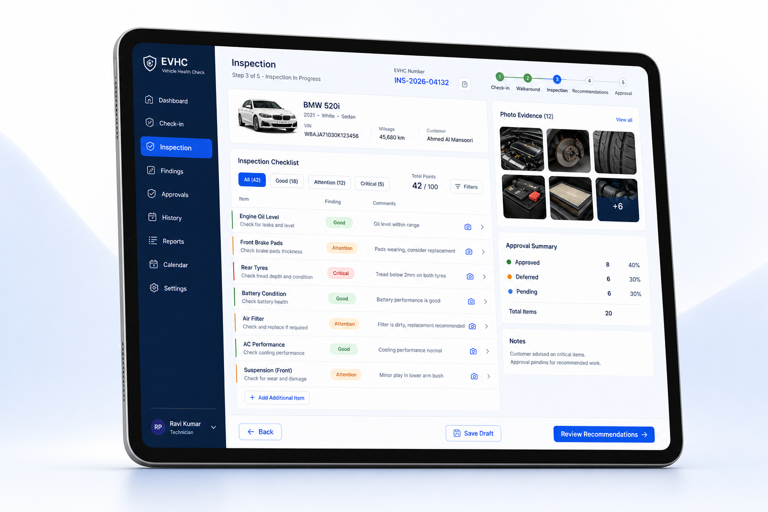 EVHCConnect tablet workflow for dealers and workshop teams