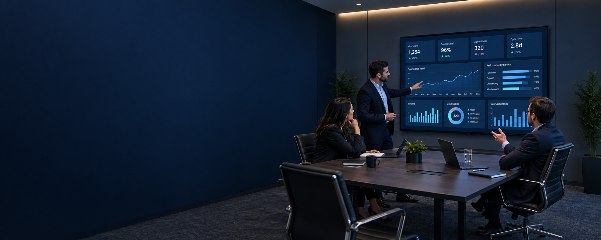 Illustrative scene of professionals discussing operational KPIs on an analytics dashboard